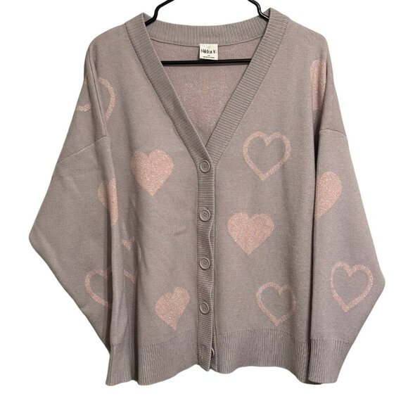 Nikkak Sweaters - Womans Grey Button up Cardigan with Shimmer Pink Hearts - Size 2X